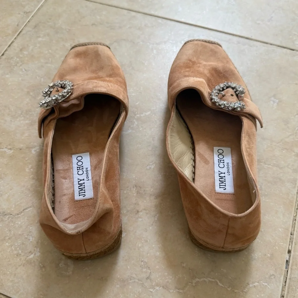 JIMMY CHOO Dru Crystal Embellished Suede Espadrilles Beige Sz 38 EU/8 US